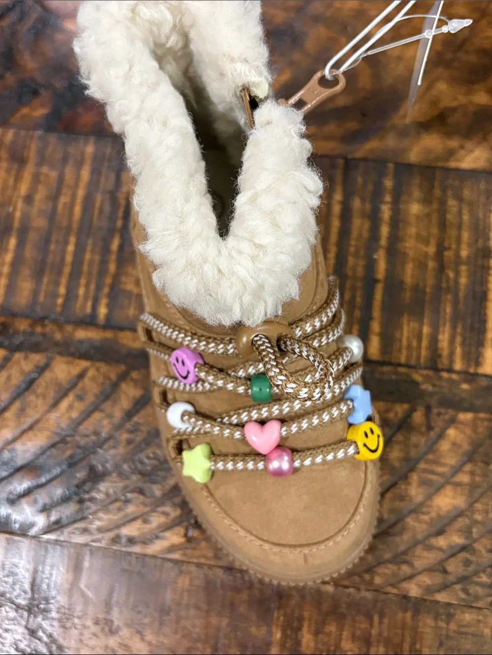 Cat & Jack Tan Faux-Shearling Kids Boots with Beaded Laces